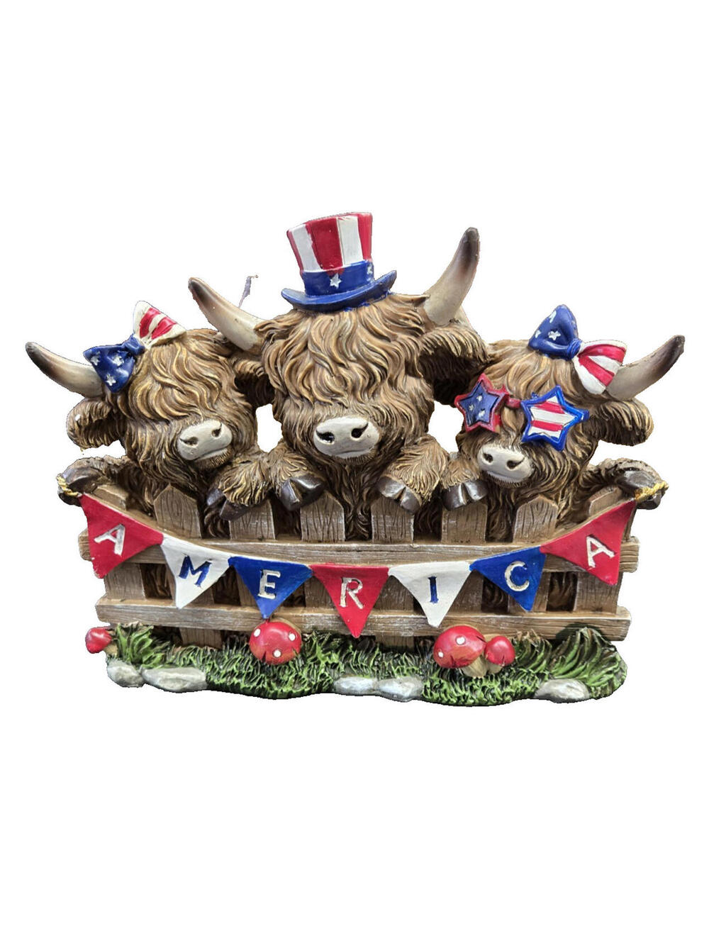 America Picket Fence Highland Cow Trio by Hanna's Handiworks 7in H x 9in W